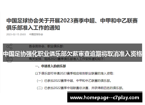 中国足协强化职业俱乐部欠薪审查逾期将取消准入资格