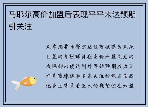 马耶尔高价加盟后表现平平未达预期引关注