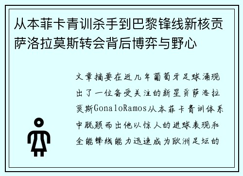 从本菲卡青训杀手到巴黎锋线新核贡萨洛拉莫斯转会背后博弈与野心