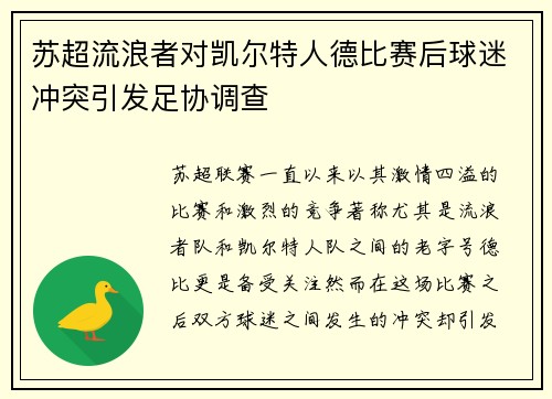 苏超流浪者对凯尔特人德比赛后球迷冲突引发足协调查 苏超流浪者对凯尔特人德比赛后球迷冲突引发足协调查