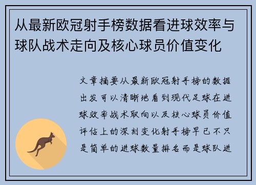 从最新欧冠射手榜数据看进球效率与球队战术走向及核心球员价值变化